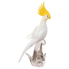 Unique Parrot sculpture in Murano glass, white yellow art glass by Formia Murano