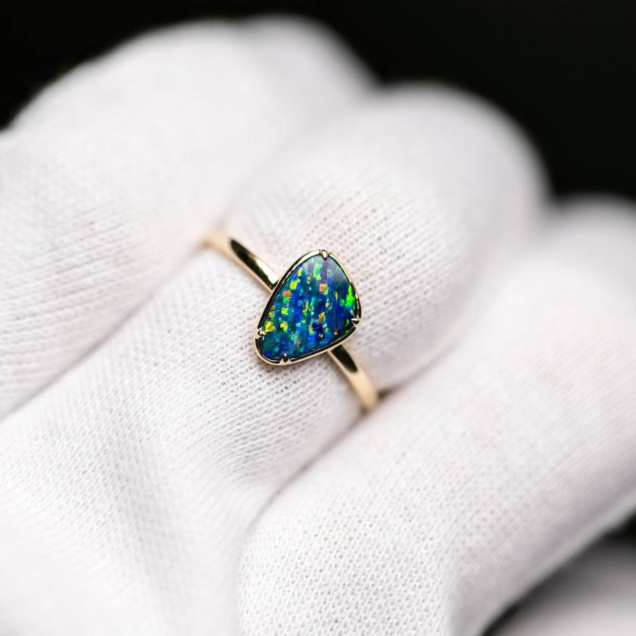 Arts and Crafts Unique Pattern Doublet Opal Engagement Ring 18K Yellow Gold