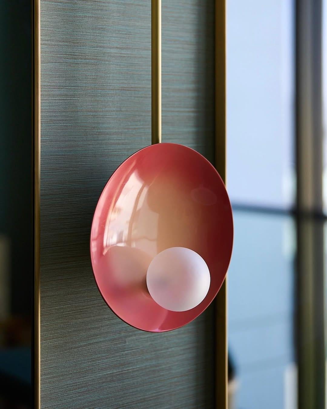 Contemporary Unique Peach and Brushed Brass Oyster Wall Mounted Lamp With Rod by Carla Baz For Sale