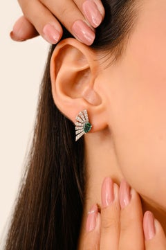Unique Pear Cut Emerald & Diamond Fan-Shaped Stud Earrings in 14k White Gold
