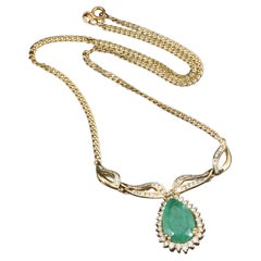Unique Pear Cut Emerald Diamonds Necklace, 18K Yellow Gold