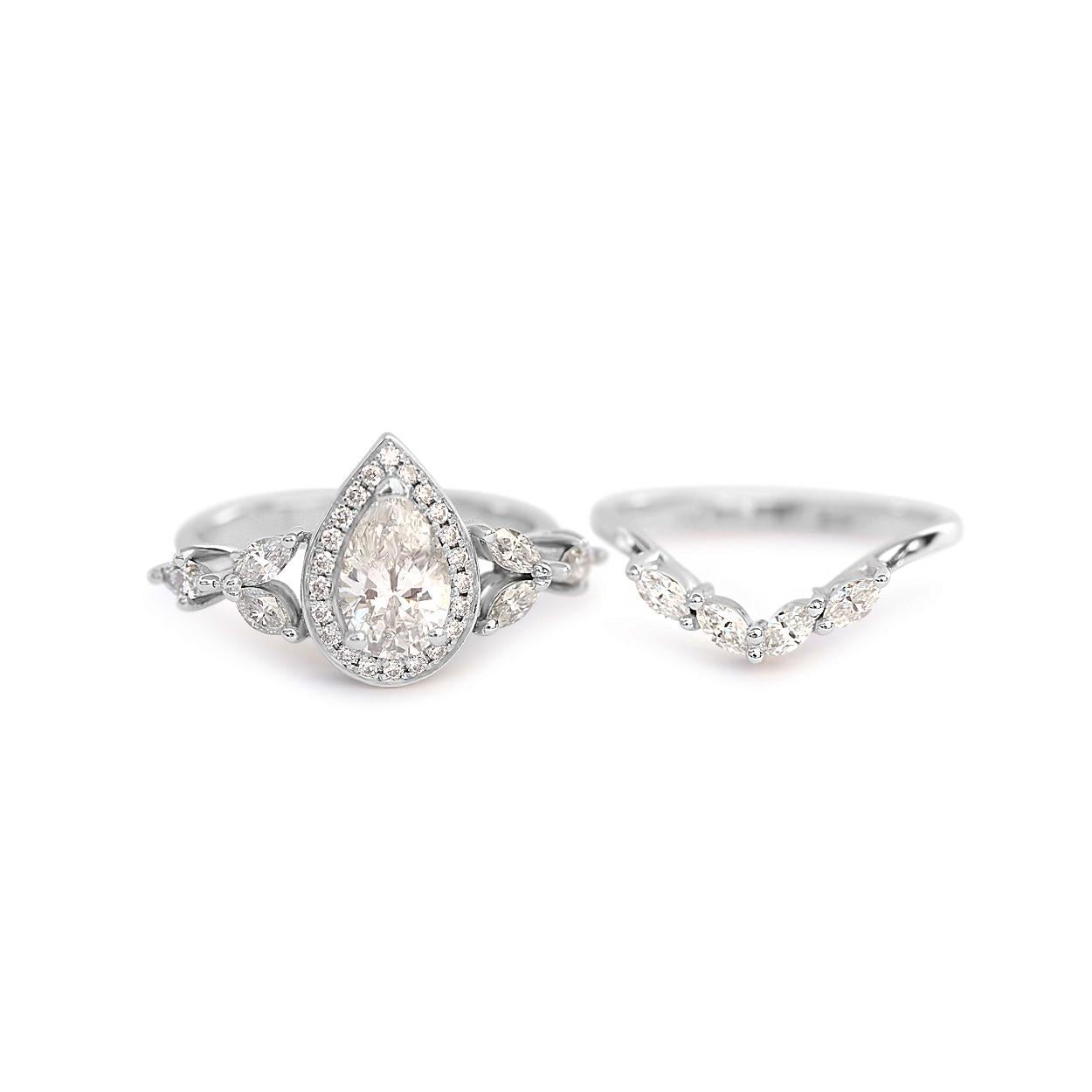 Unique Pear Moissanite Diamond Halo Art Deco Engagement Two Rings Set 