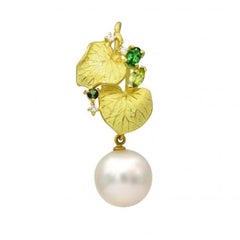 Unique Pearl Diamond Tsavorite Yellow 18K Gold Pendant for Her