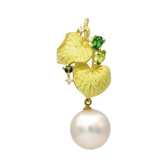 Unique  Pearl Diamond Tsavorite Yellow 18K Gold Pendant for Her