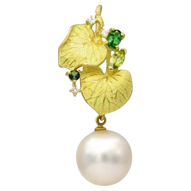 Unique  Pearl Diamond Tsavorite Yellow 18K Gold Pendant for Her
