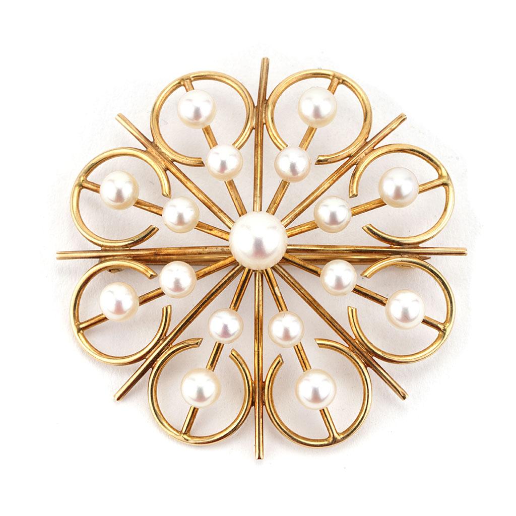 Bead Unique Pearl Starburst Pin Brooch In 14K Yellow Gold For Sale