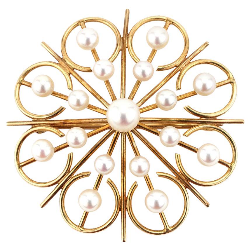 Unique Pearl Starburst Pin Brooch In 14K Yellow Gold