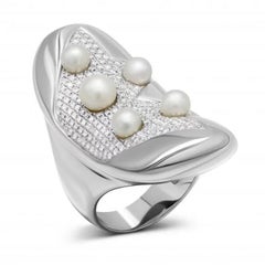 Unique Pearls White Diamond White Gold Ring for Her