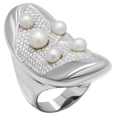 Unique Pearls White Diamond White Gold Ring for Her