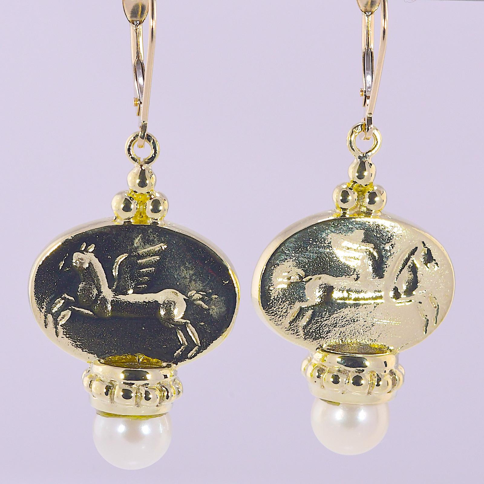 Modern Unique Pegasus Motif Leverback Dangle Earrings with Pearls 14 Karat Yellow Gold