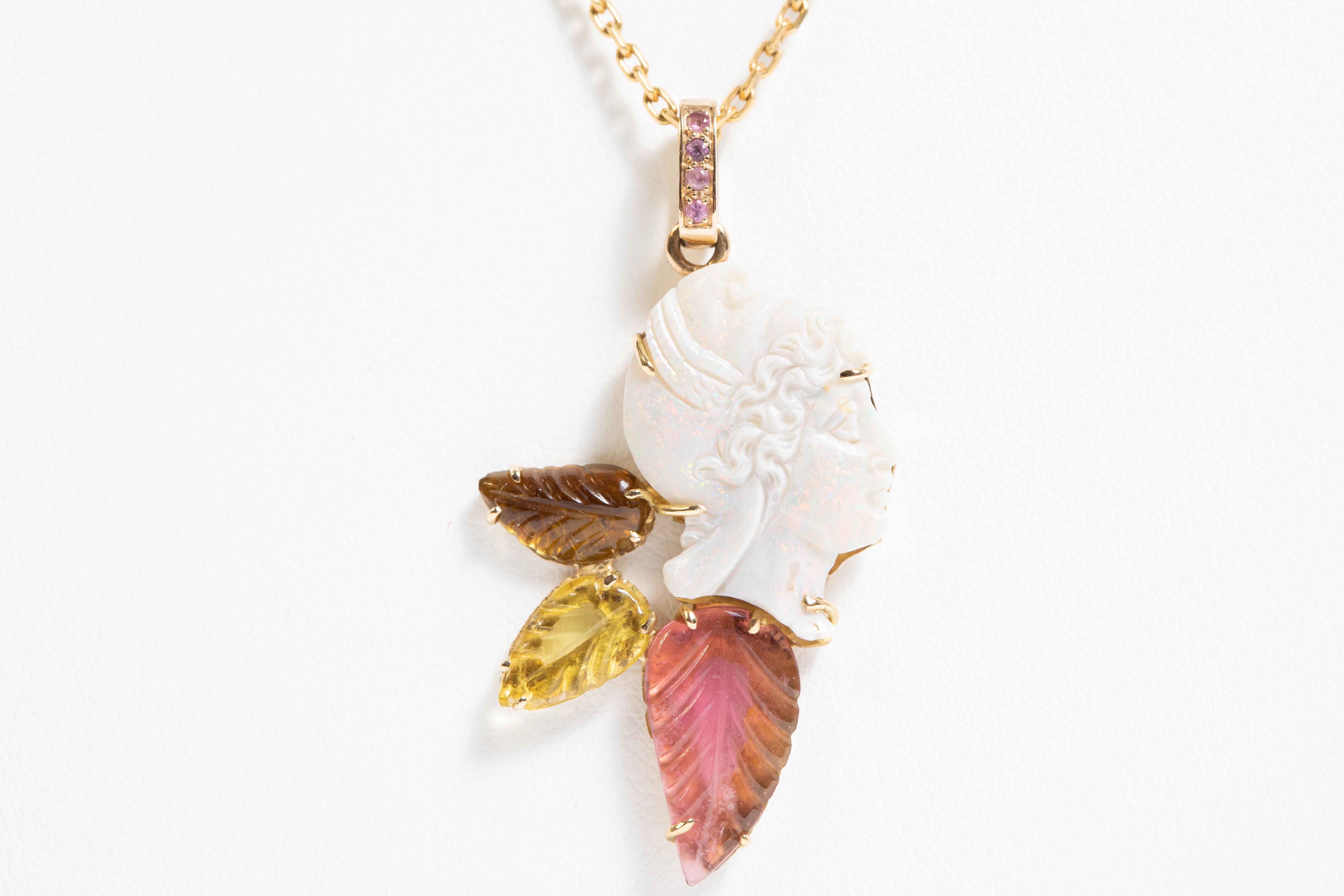 Women's Unique Pendant, Opale Head and Engraved Tourmalines on a 18 K Yellow Gold Chain For Sale