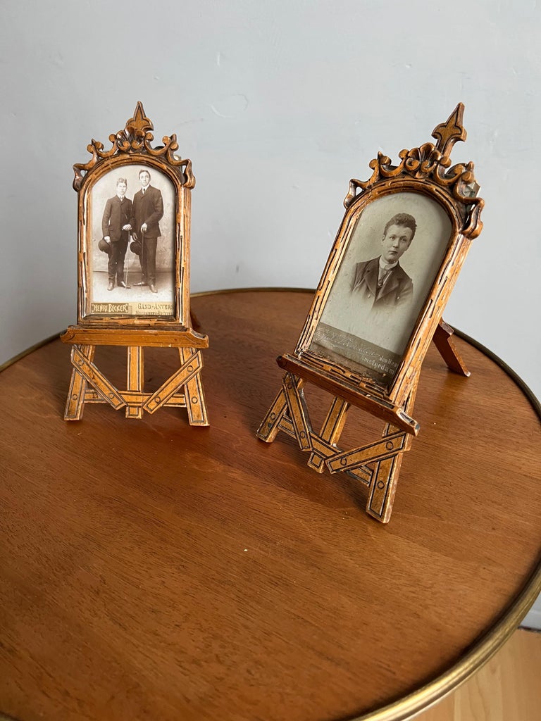 Unique and Perfect Pair Arts and Crafts Photograph Picture Frames / Miniature Easels For Sale at