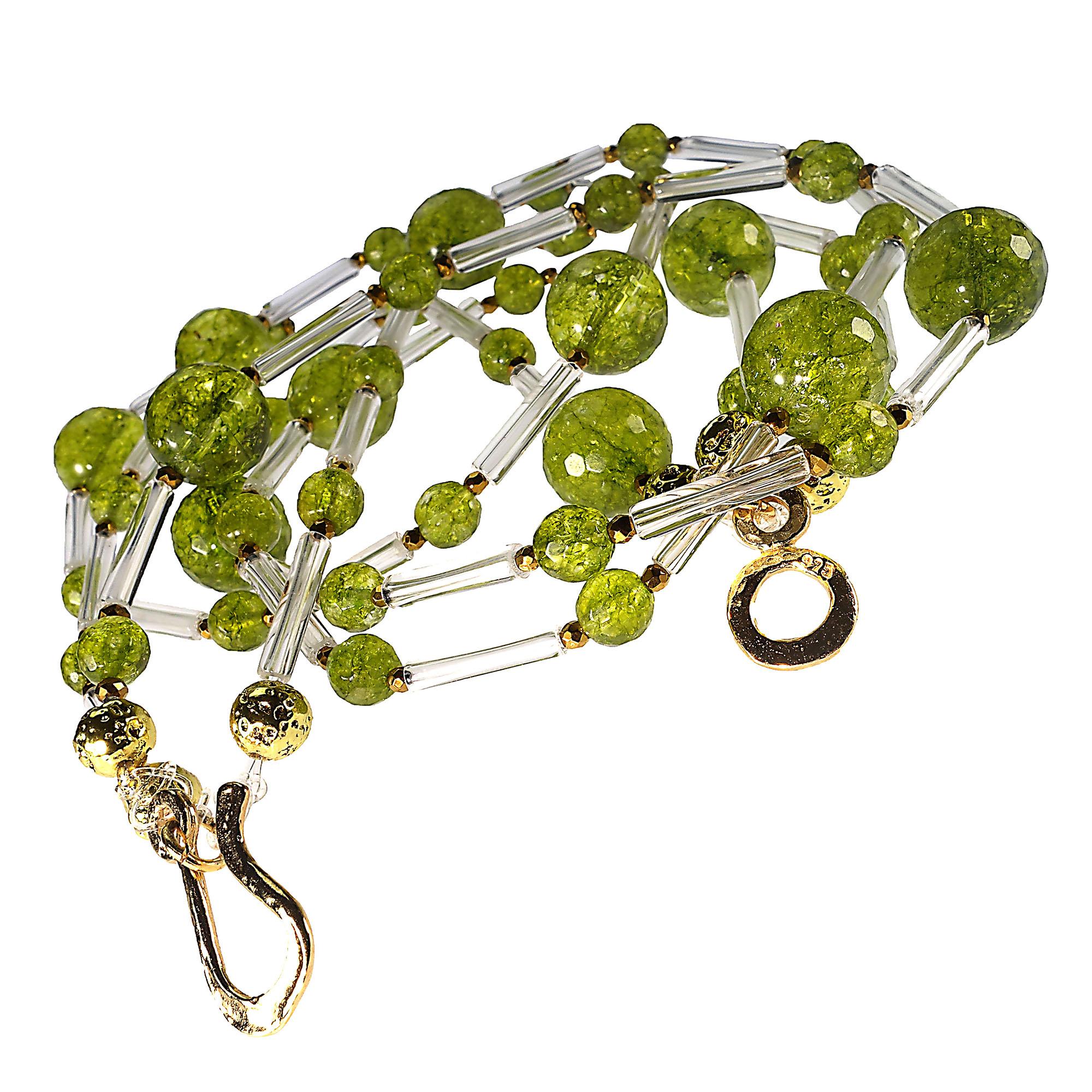 Women's or Men's AJD Unique Peridot and Crystal Three-Strand Necklace