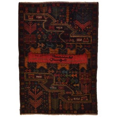 Wool Persian Balouchi Rug, World Map, Vehicle Motifs, 3' x 5'