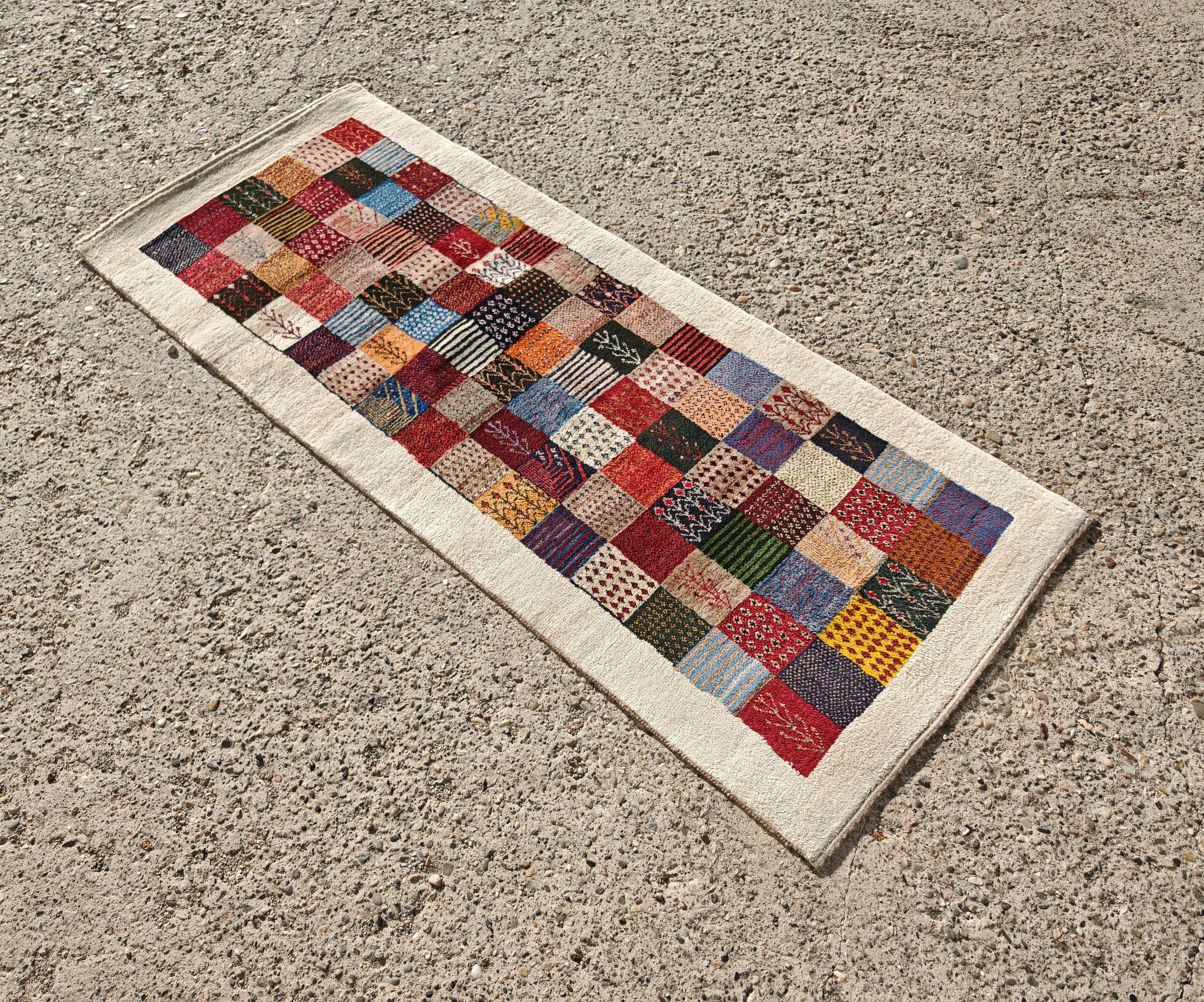 Unique Persian Gabbeh Runner with geometric and floral pattern, Iran 1990s In Good Condition For Sale In Beograd, RS