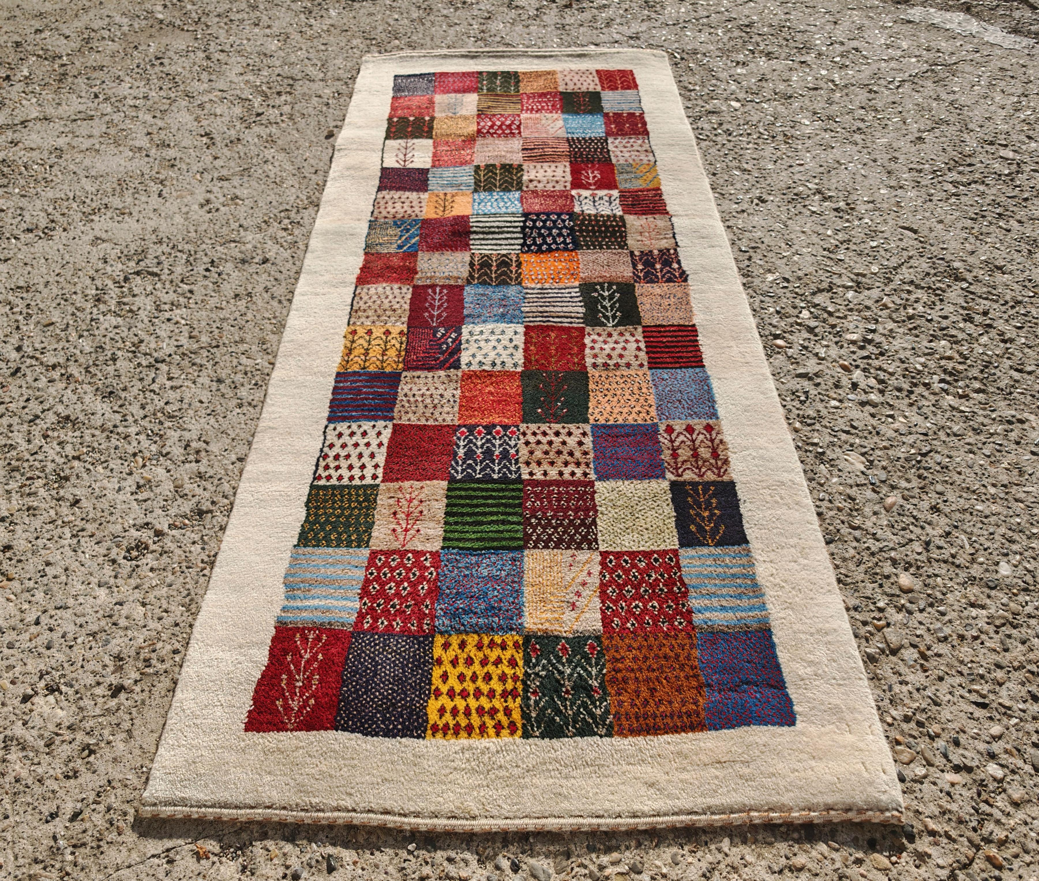 Unique Persian Gabbeh Runner with geometric and floral pattern, Iran 1990s For Sale 2
