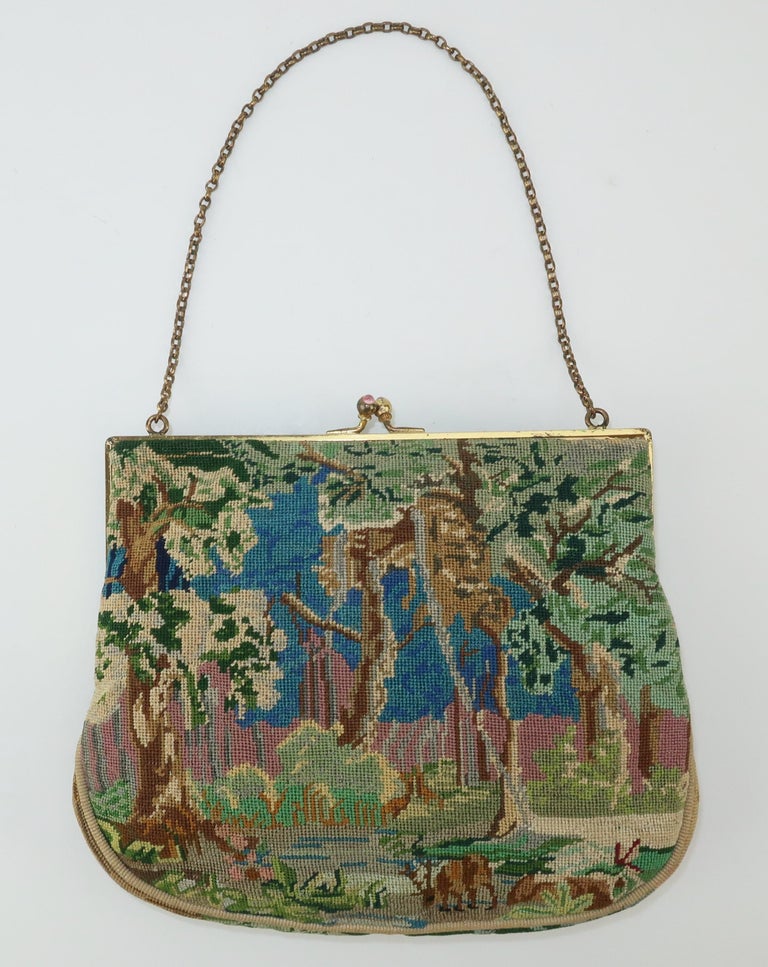 Brown Unique Petit Point Forest Scene Handbag For Sale