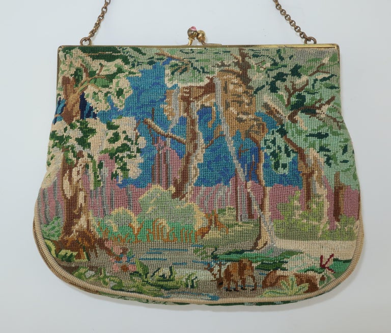 Unique Petit Point Forest Scene Handbag In Good Condition For Sale In Atlanta, GA