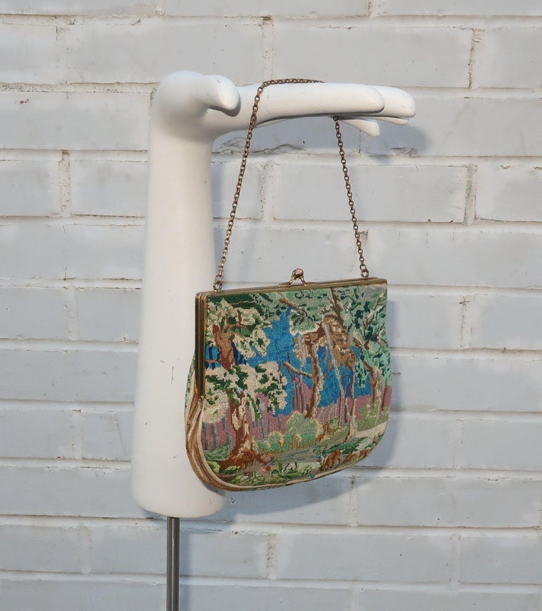 Women's Unique Petit Point Forest Scene Handbag For Sale