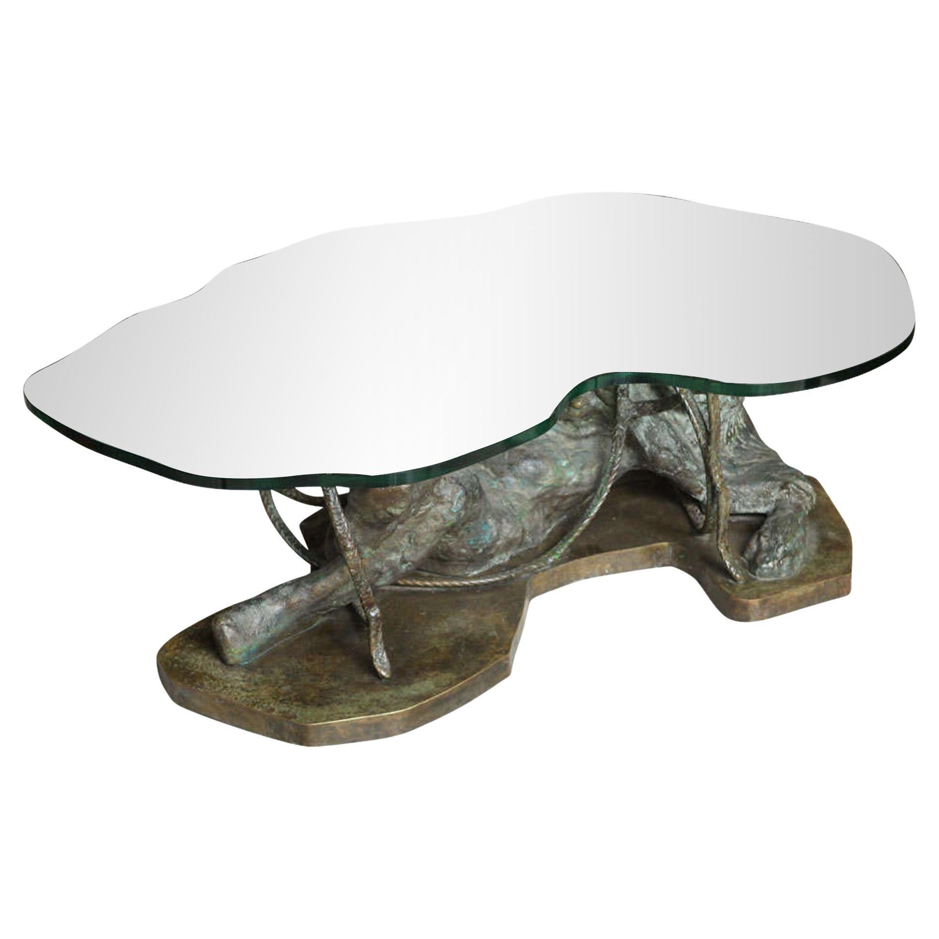 Unique Philip and Kelvin LaVerne Bronze and Glass Low Table For Sale
