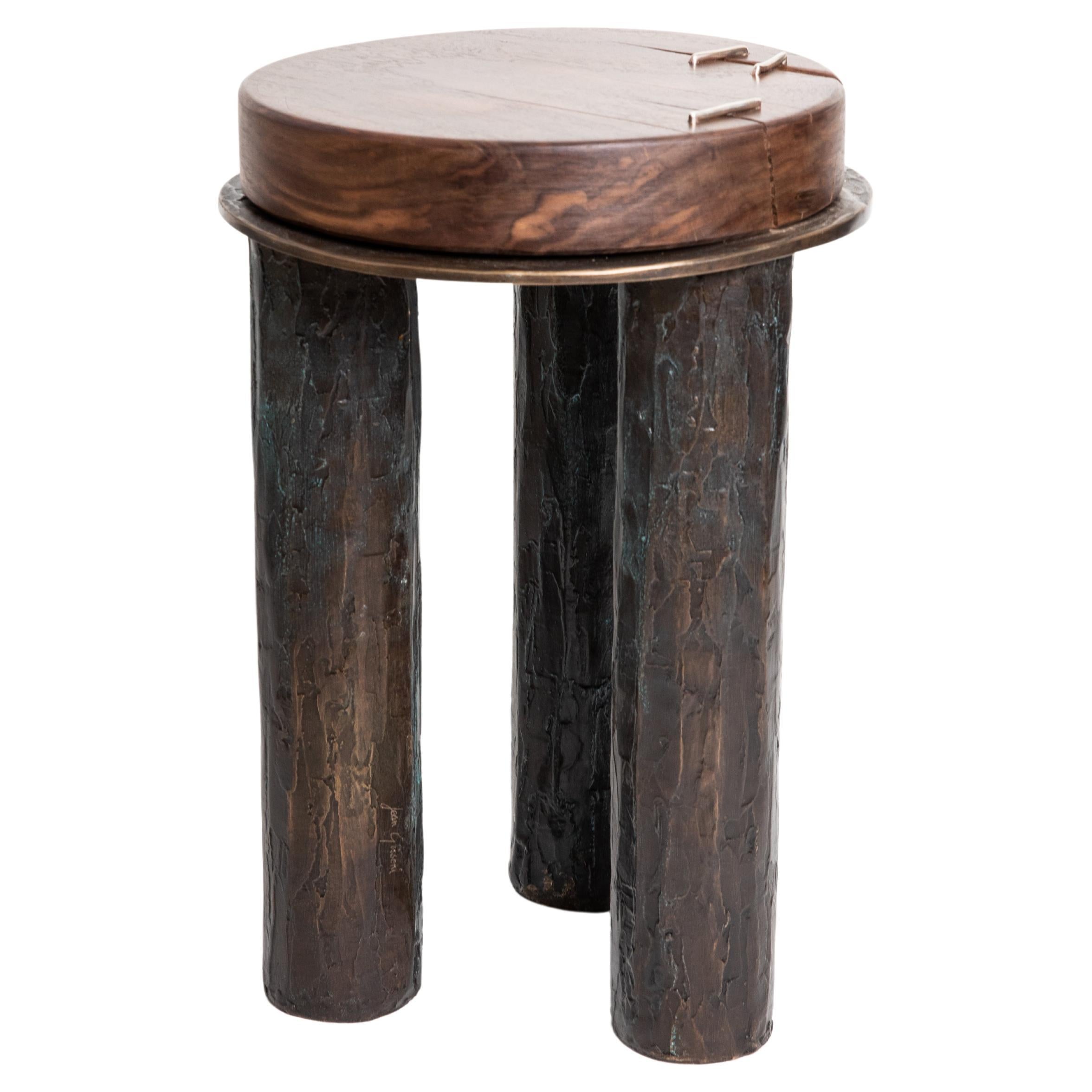 Unique Piana Walnut and Bronze Stool by Jean Grisoni