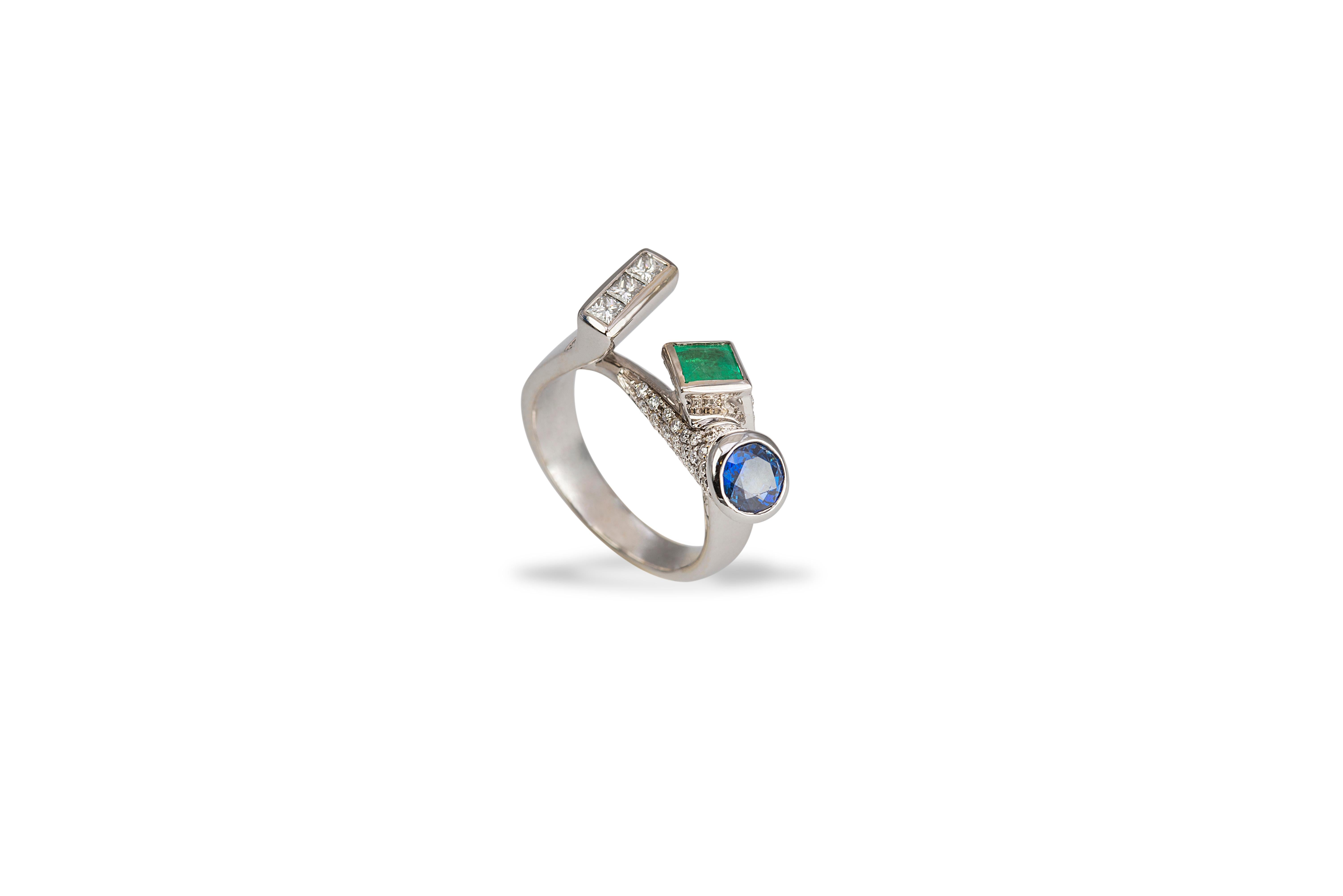 Women's or Men's Unique Piece Contemporary 18K White Gold 1.12C Diamond Sapphire Emerald Ring For Sale