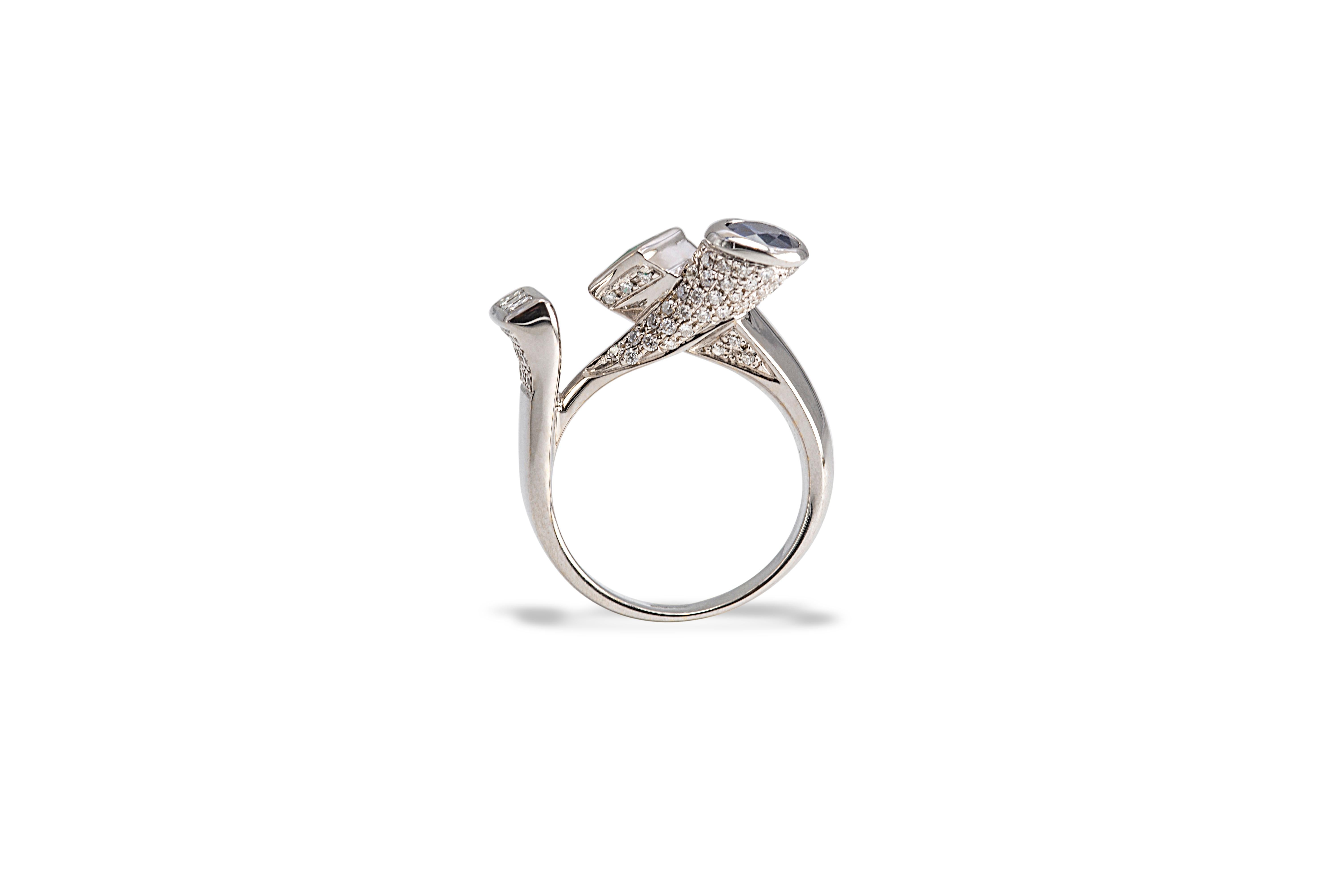 Unique Piece Contemporary 18K White Gold 1.12C Diamond Sapphire Emerald Ring For Sale 1