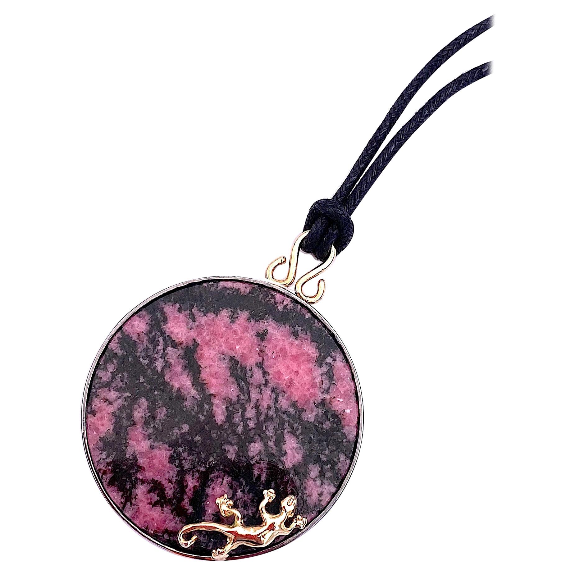 Unique Piece Gold Silver Pink and Black Gecko Pendent Silk Necklace For Sale