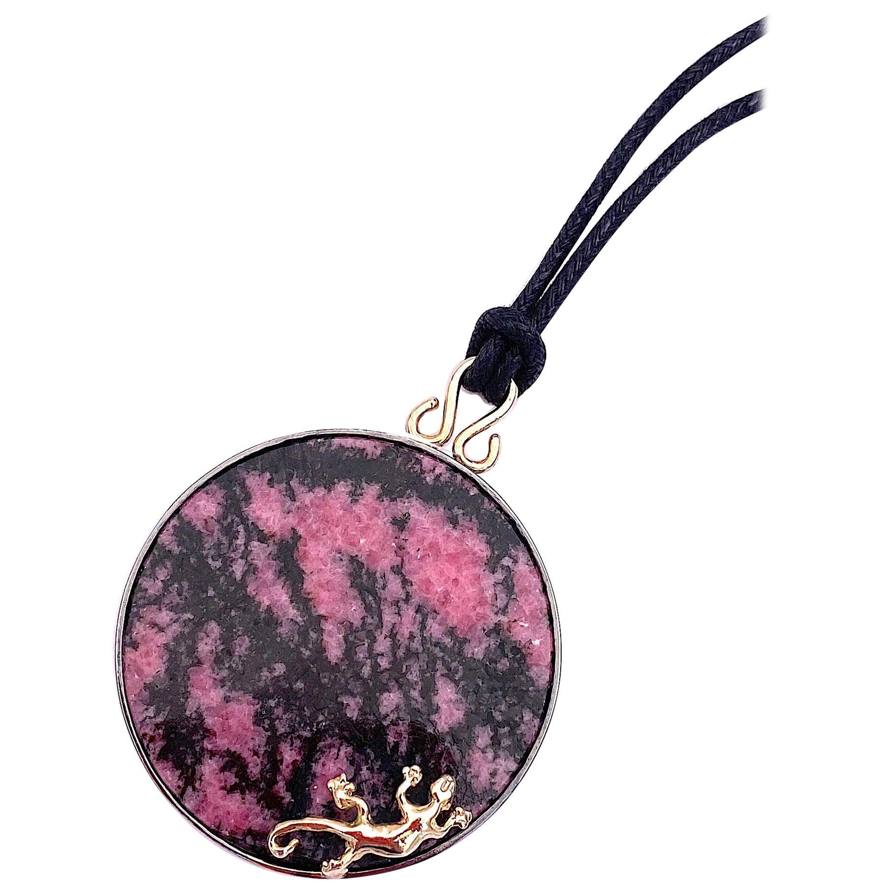 Contemporary Rhodonite 24 karat Gold Plated Silver Pendent Necklace Unique Piece For Sale