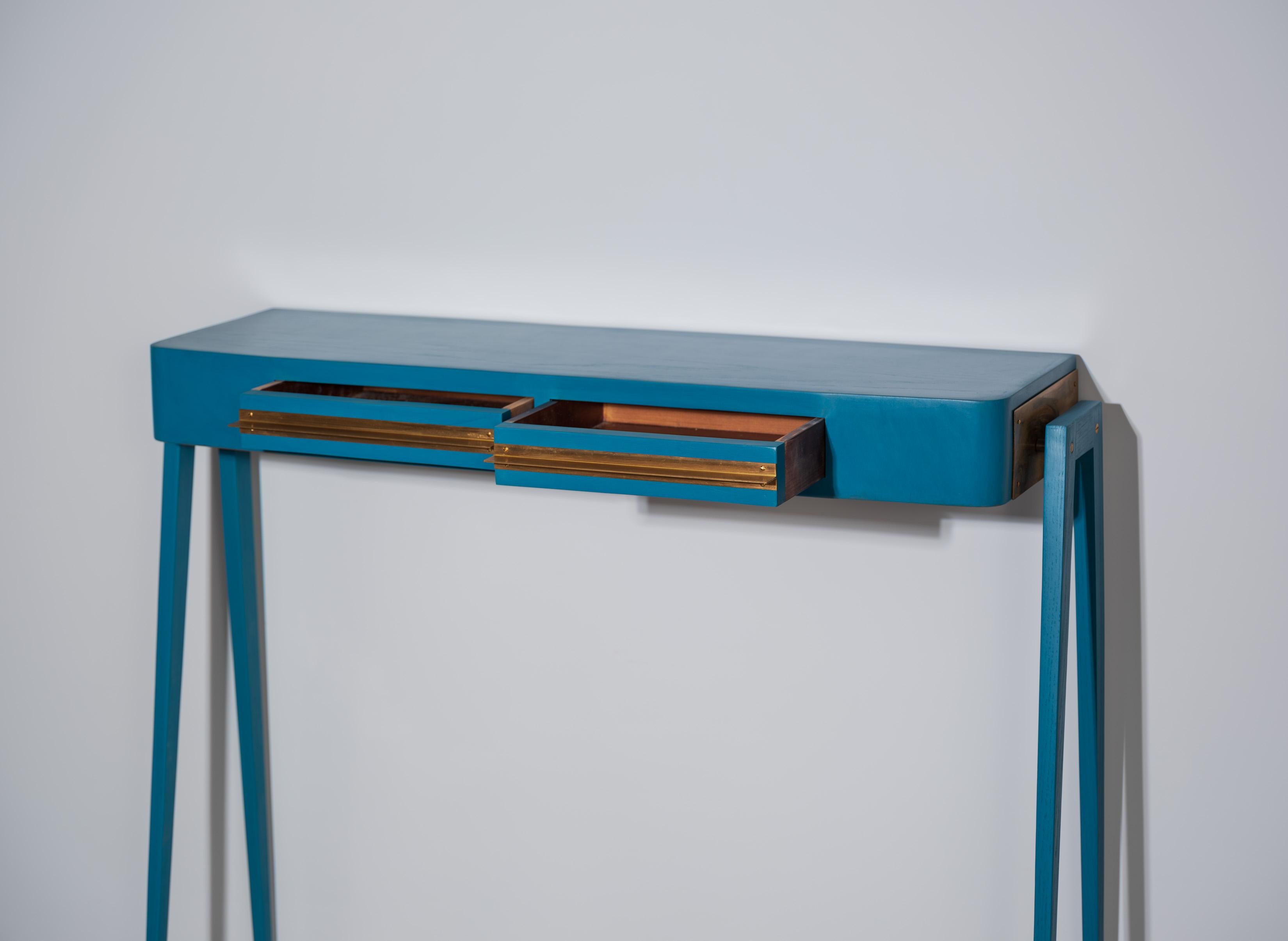 Mid-Century Modern Unique Piece, Restyled Console in Blue with Brass Details by Retro4M
