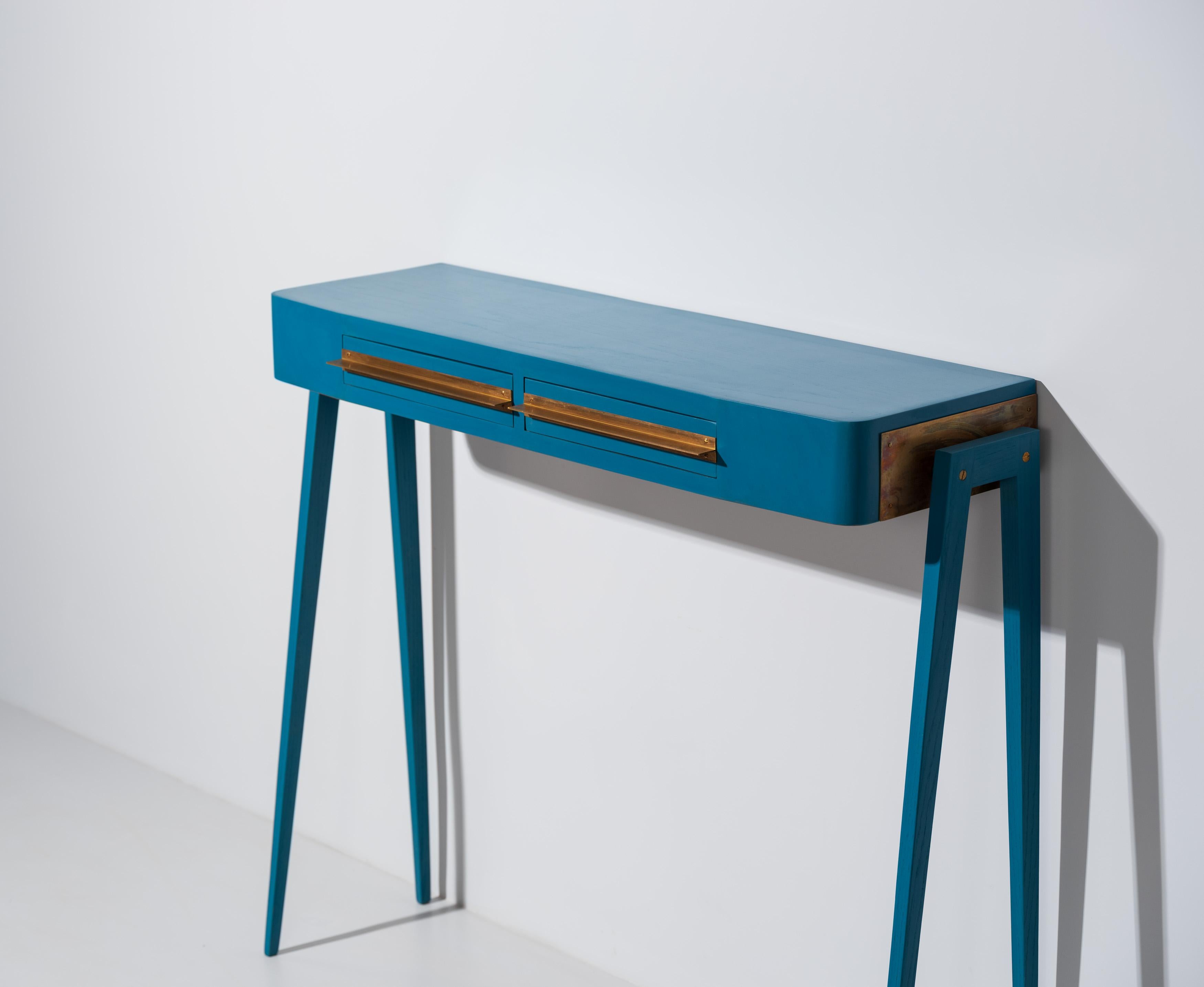 Italian Unique Piece, Restyled Console in Blue with Brass Details by Retro4M