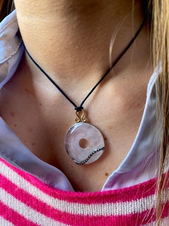 Unique Piece Rose Quartz Gray Diamonds Silk Rope Pendant Necklace