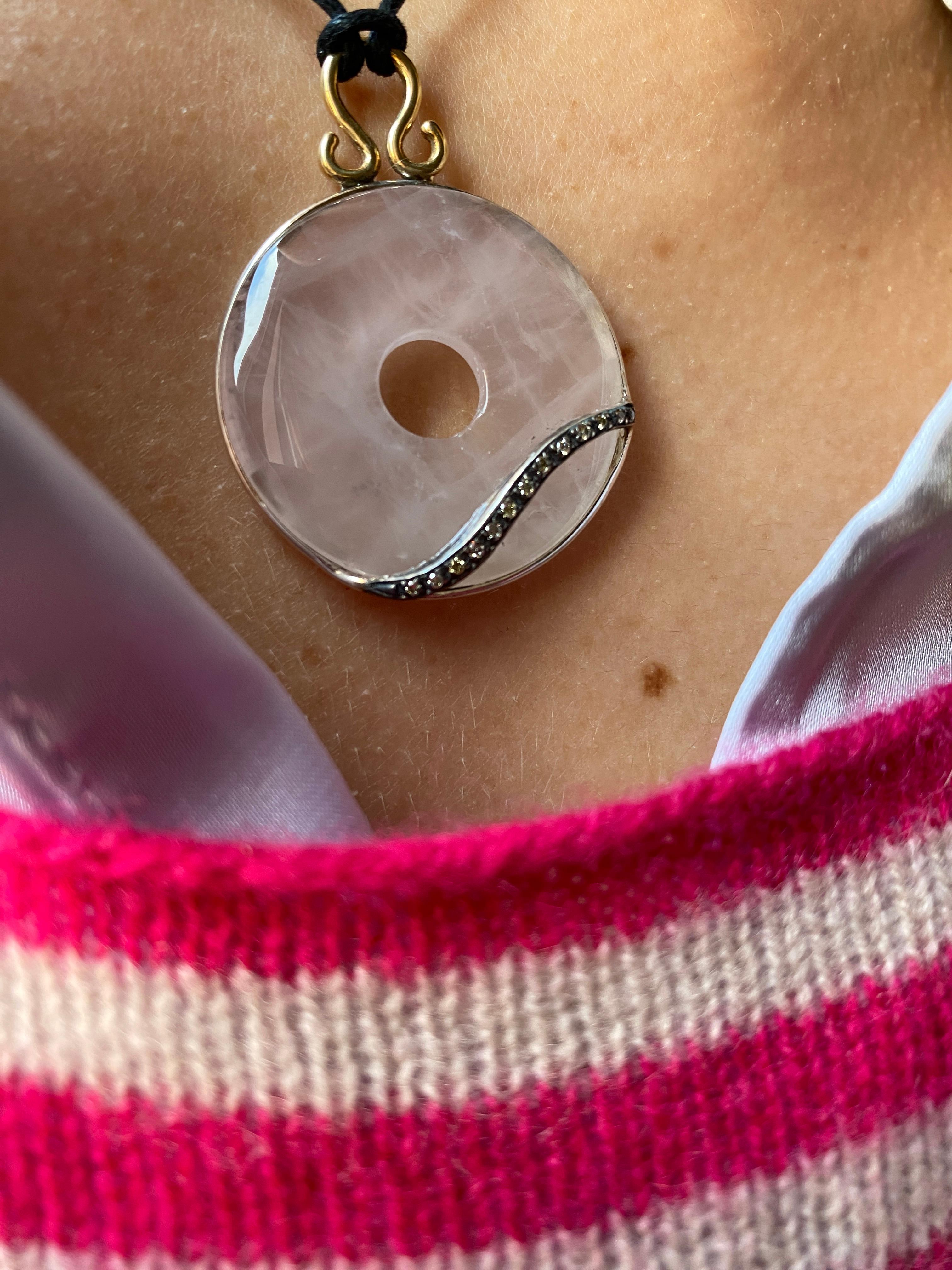 Artisan Unique Piece Rose Quartz Gray Diamonds Silk Rope Pendant Necklace For Sale