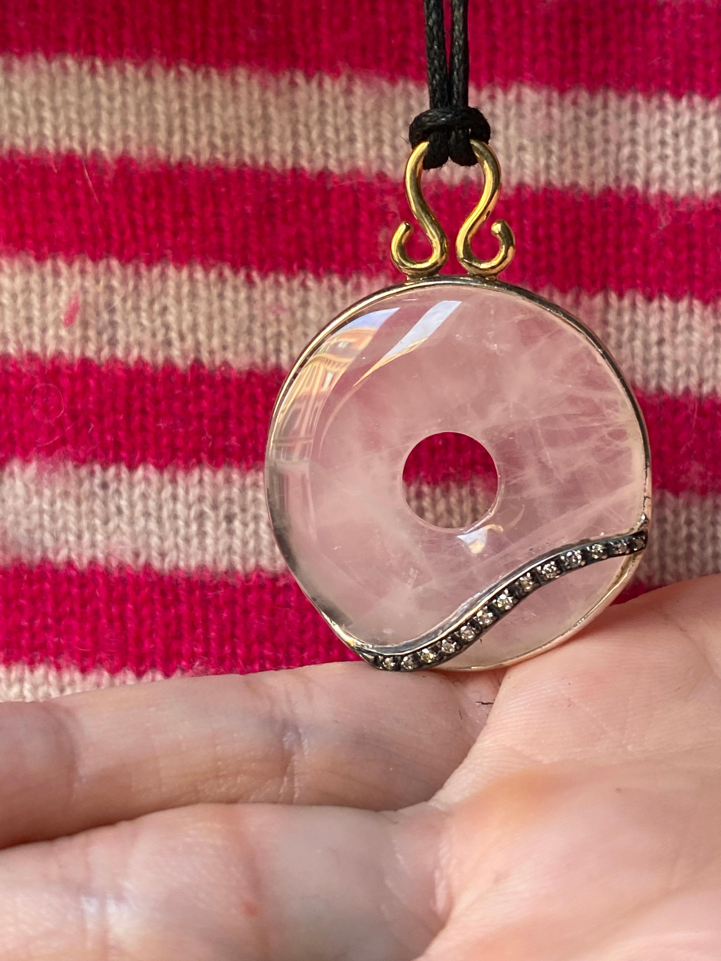 Unique Piece Rose Quartz Gray Diamonds Silk Rope Pendant Necklace For Sale 1