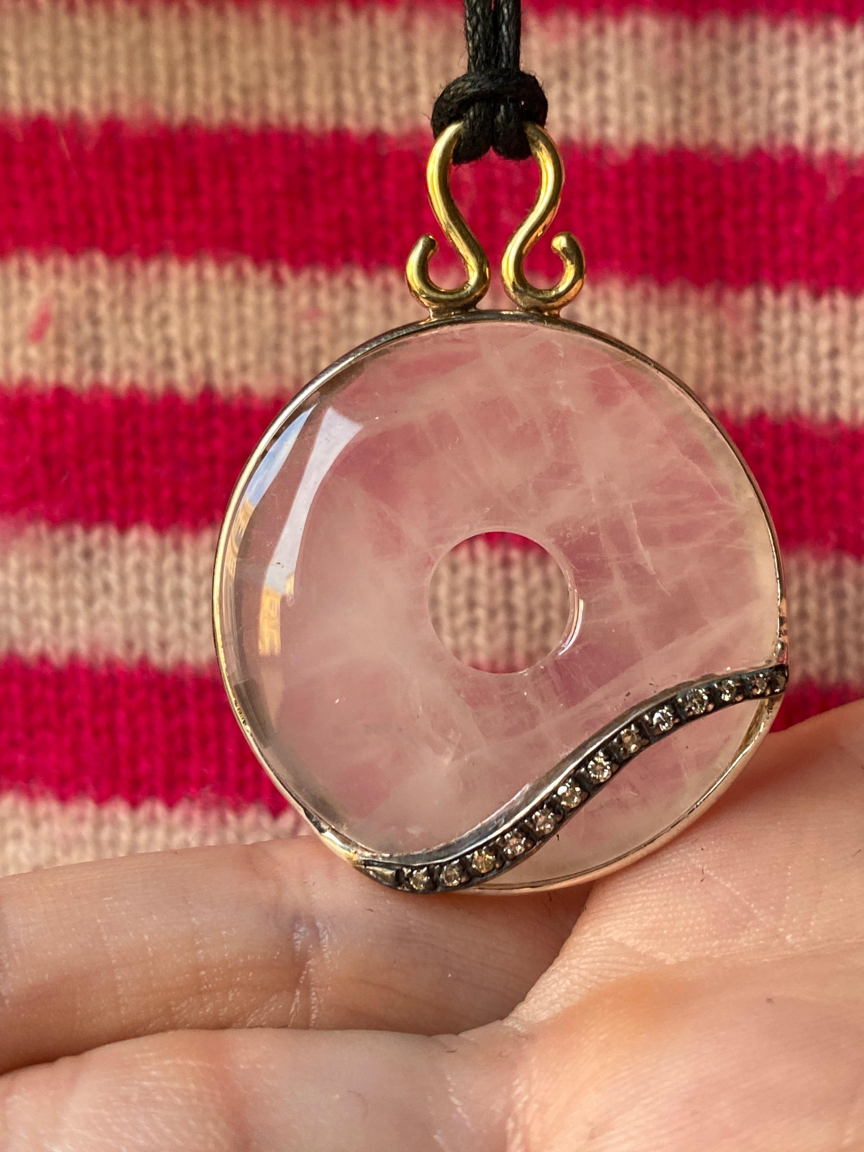 Unique Piece Rose Quartz Gray Diamonds Silk Rope Pendant Necklace For Sale 3