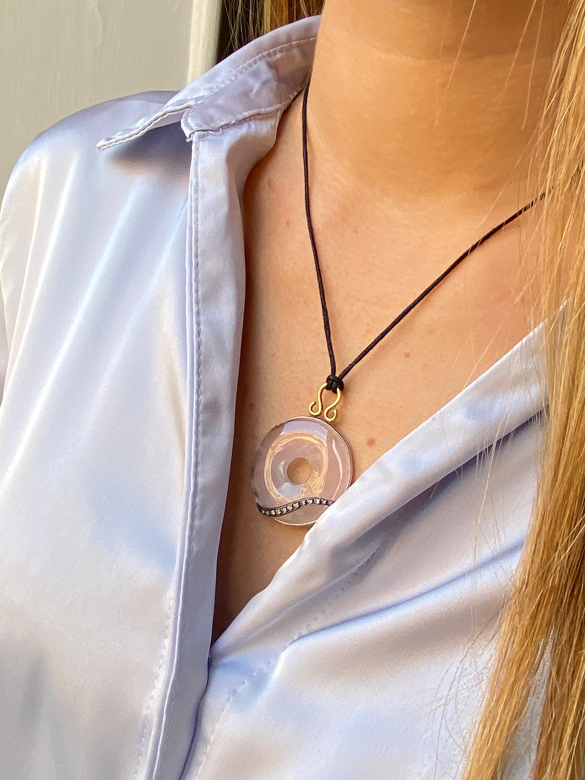 Unique Piece Rose Quartz Gray Diamonds Silk Rope Pendant Necklace For Sale 4