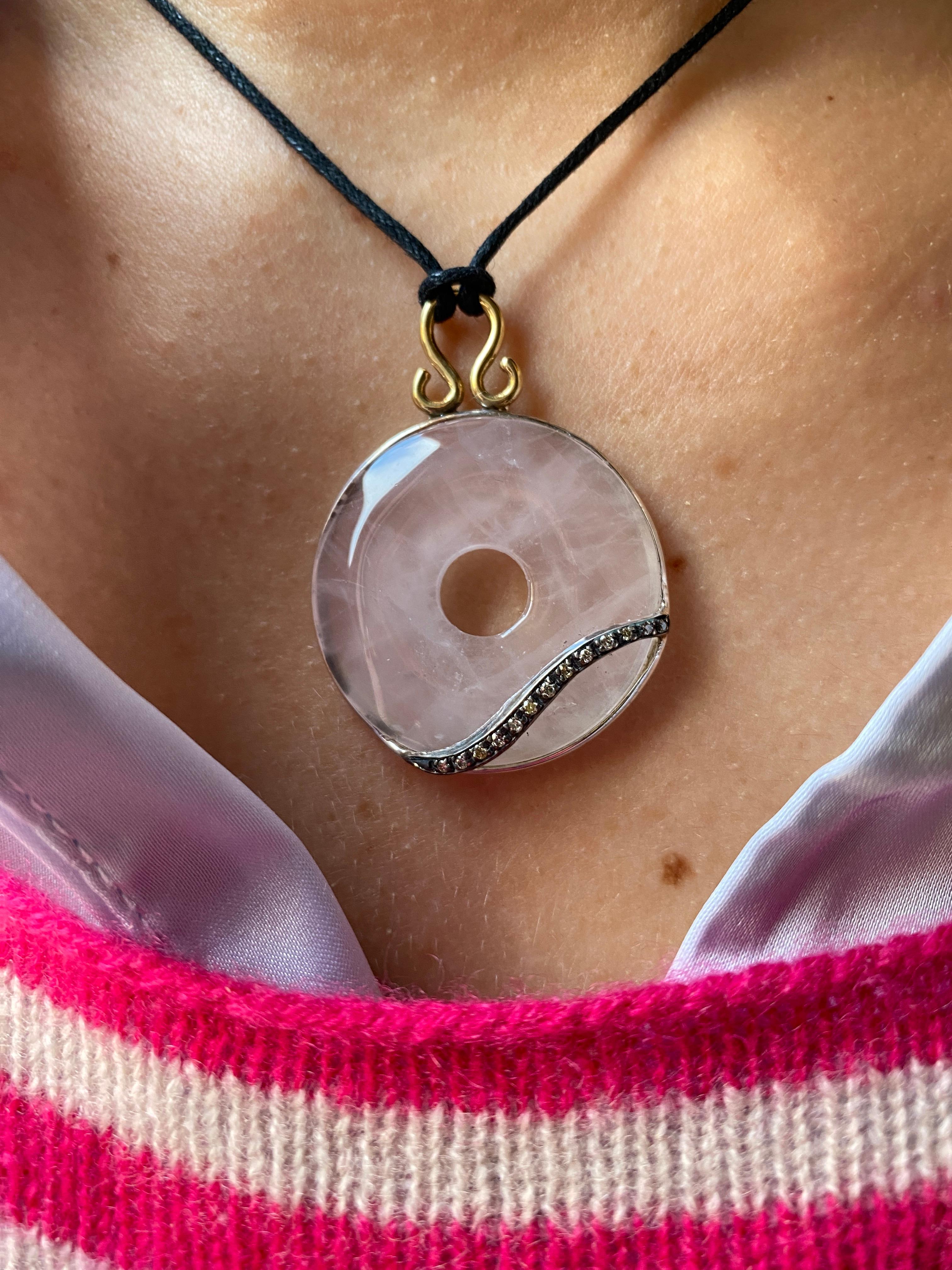 Unique Piece Rose Quartz Gray Diamonds Silk Rope Pendant Necklace For Sale 5