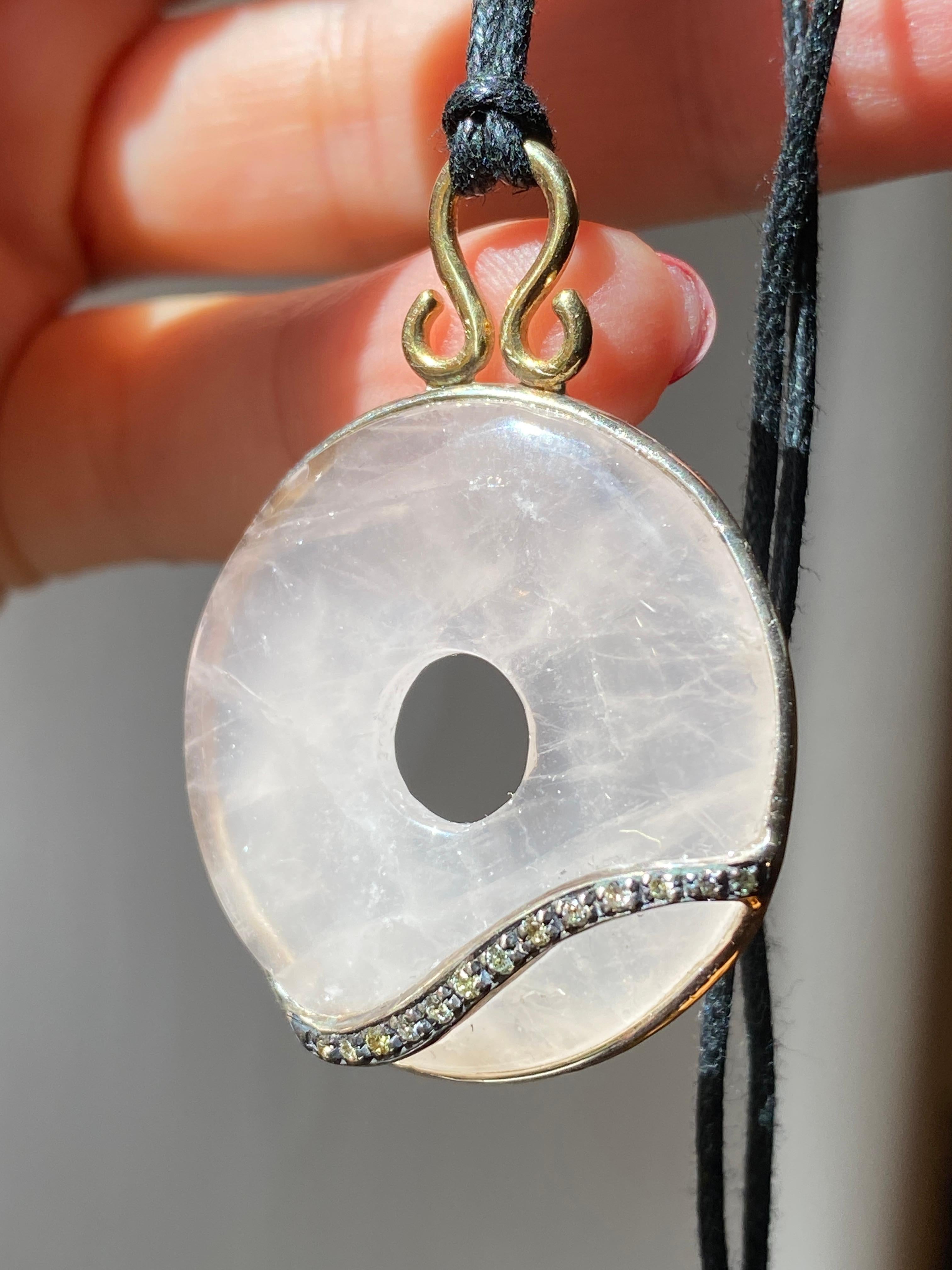 Brilliant Cut Unique Piece Rose Quartz Gray Diamonds Silk Rope Pendant Necklace For Sale