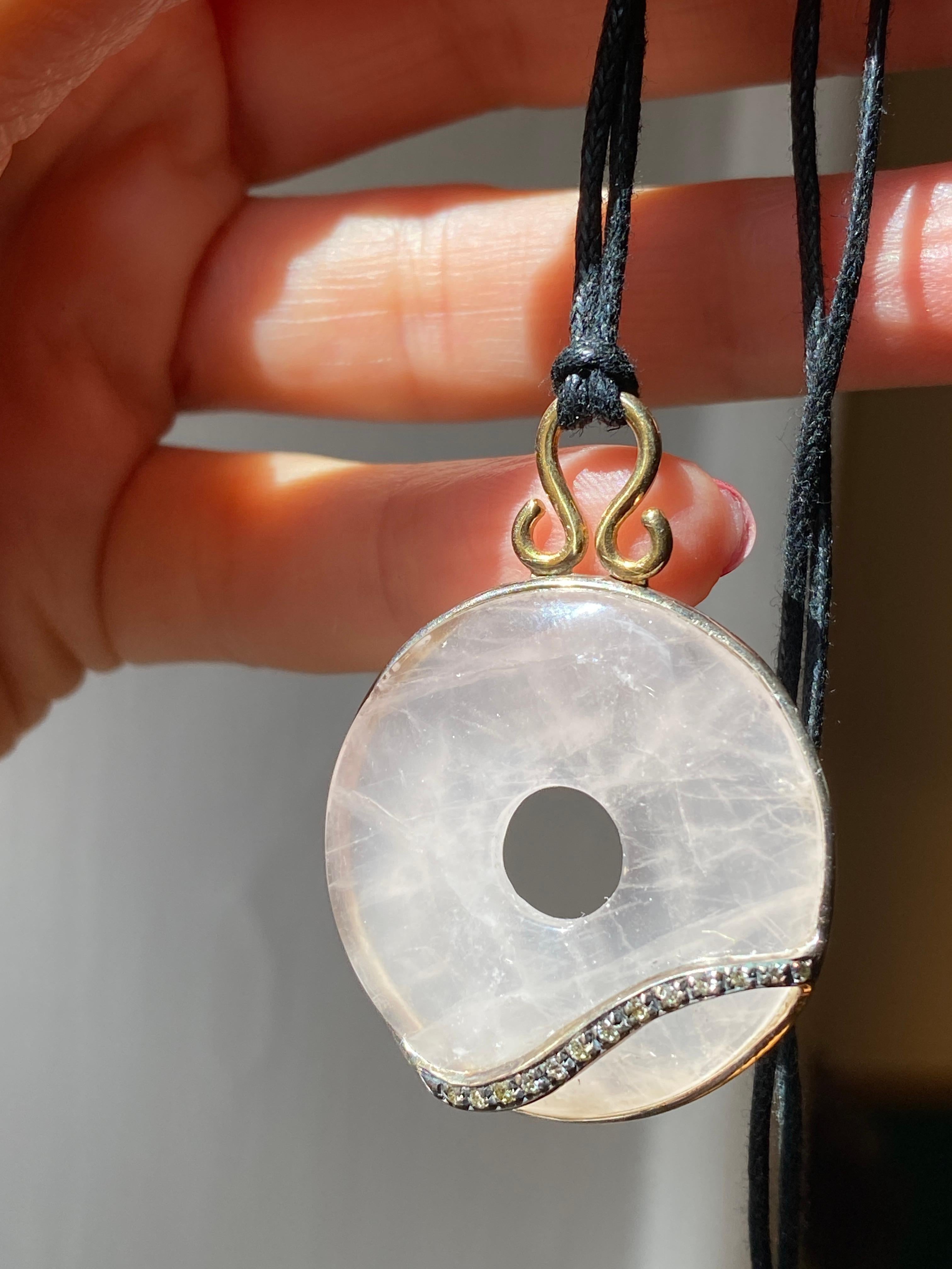 Unique Piece Rose Quartz Gray Diamonds Silk Rope Pendant Necklace For Sale 2