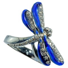 Unique Piece Silver Blue Enameled 0.20 Karat Grey Diamond Dragonfly Ring