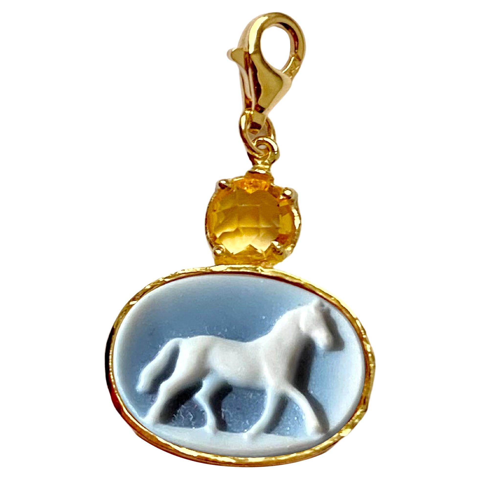 Pezzo Unico Unisex Cavallo Oro 18K Agata Nera Citrino Martellato Inciso Charme