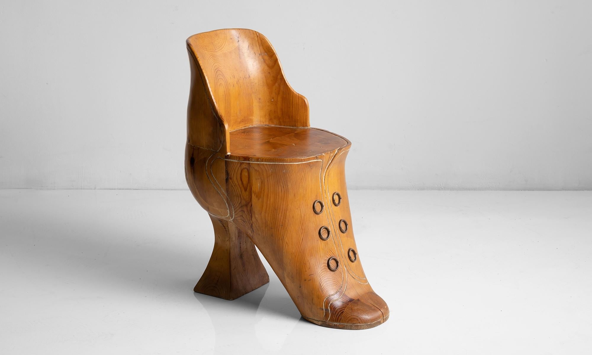 Unique pine shoe chair
Italy circa 1930
High heeled shoe carved from pine, with brass details
20.5”w x 14.5”d x 25.75”h x 16”seat.