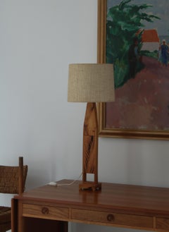 Unique Pinewood Table Lamp with Original Shade, Scandinavia, 1970s