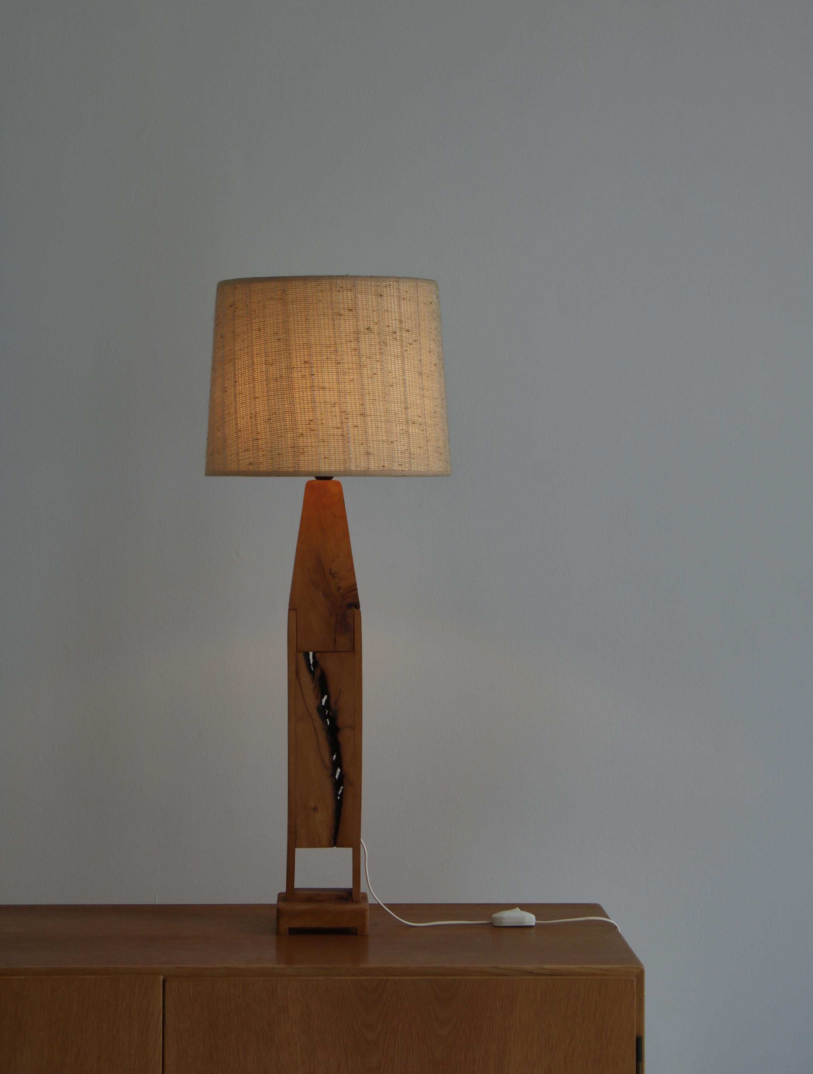 Danish Unique Pinewood Table Lamp with Original Shade, Scandinavia, 1970s For Sale