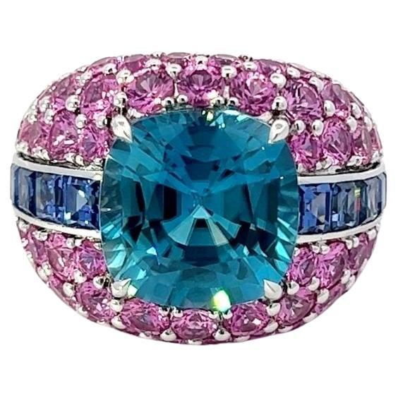 Unique Pink and Blue Sapphires Diamond 18K White Gold Exclusive Ring