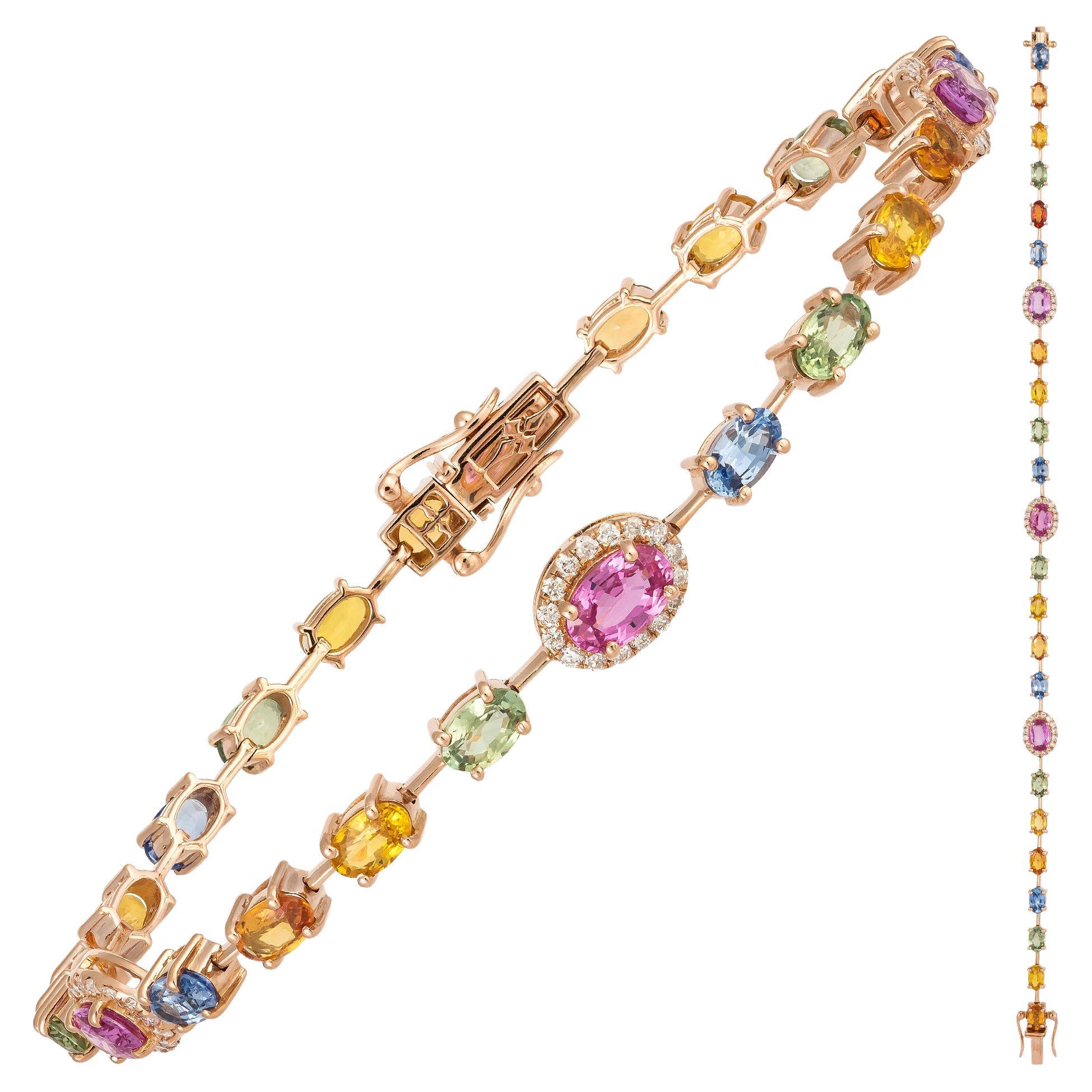 Unique Pink Gold 18K Multi Sapphires Bracelet Diamond for Her