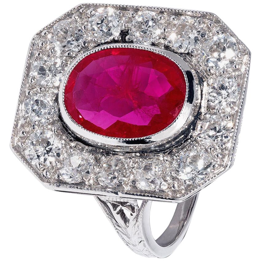 Red Ruby Ring with White Diamond Surround For Sale