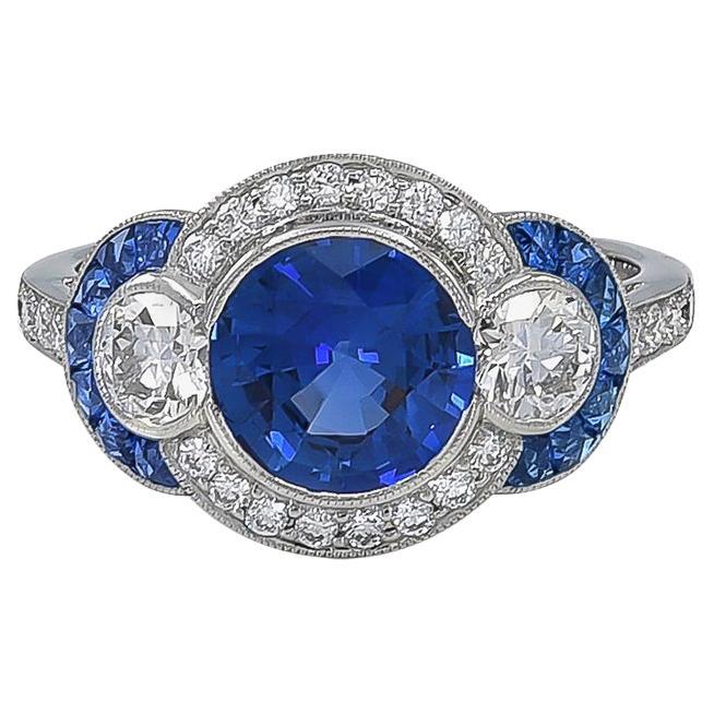 Sophia D. 2.00 Carat Round Cut Blue Sapphire Art Deco Ring in Platinum Setting  For Sale