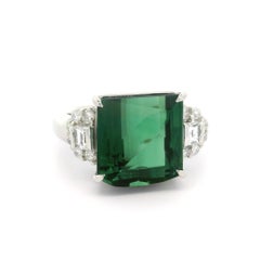 Einzigartiger Platin 6,65ct Kissen grüner Turmalin w / Diamanten Seiten Cocktail-Ring