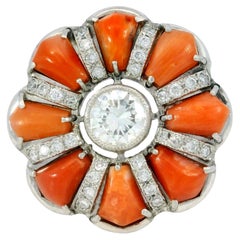 Bague unique en platine avec corail et diamant Accents de taille européenne ~0,92 ct de diamant